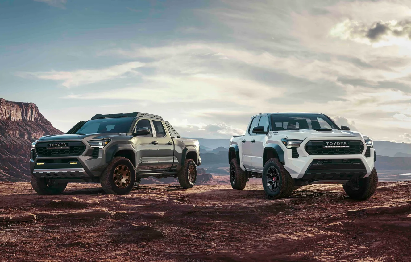 Photo wallpaper The sky, Clouds, Rocks, Stones, Toyota, Landscape, Sky, Rock