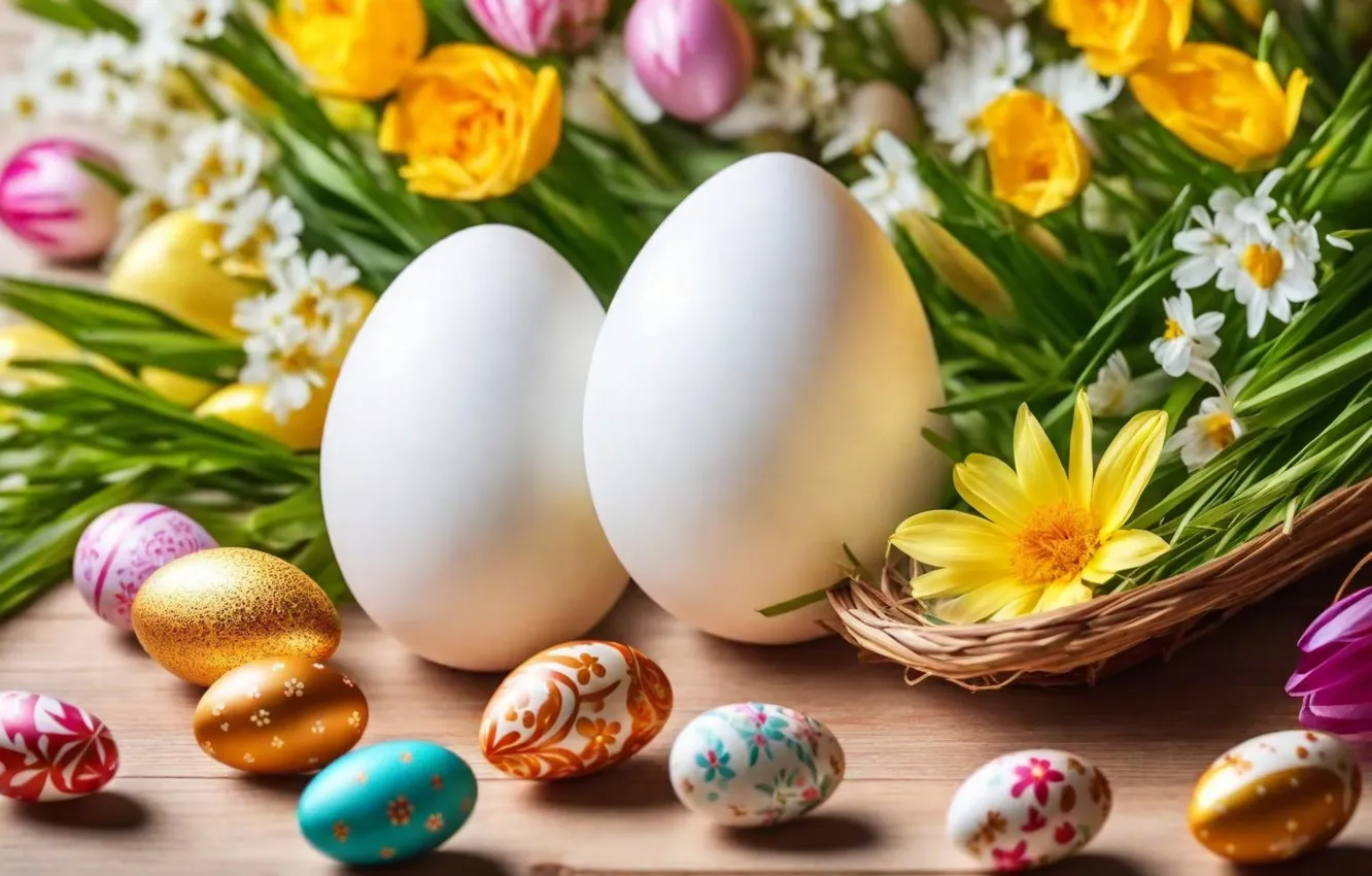 Photo wallpaper flowers, eggs, spring, colorful, Easter, flowers, spring, Easter