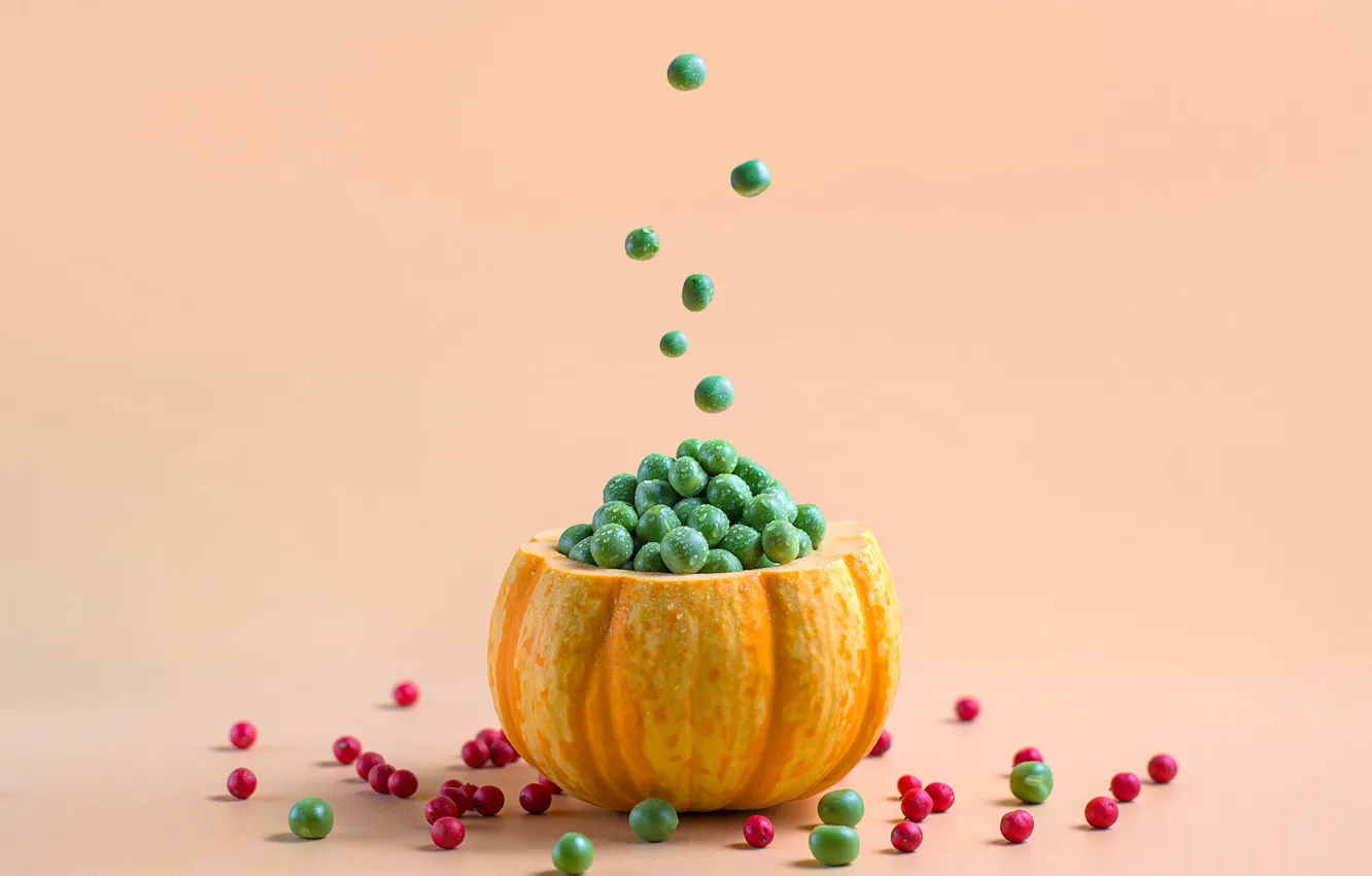 Photo wallpaper drops, red, berries, fruit, peas, pumpkin, placer, vegetables