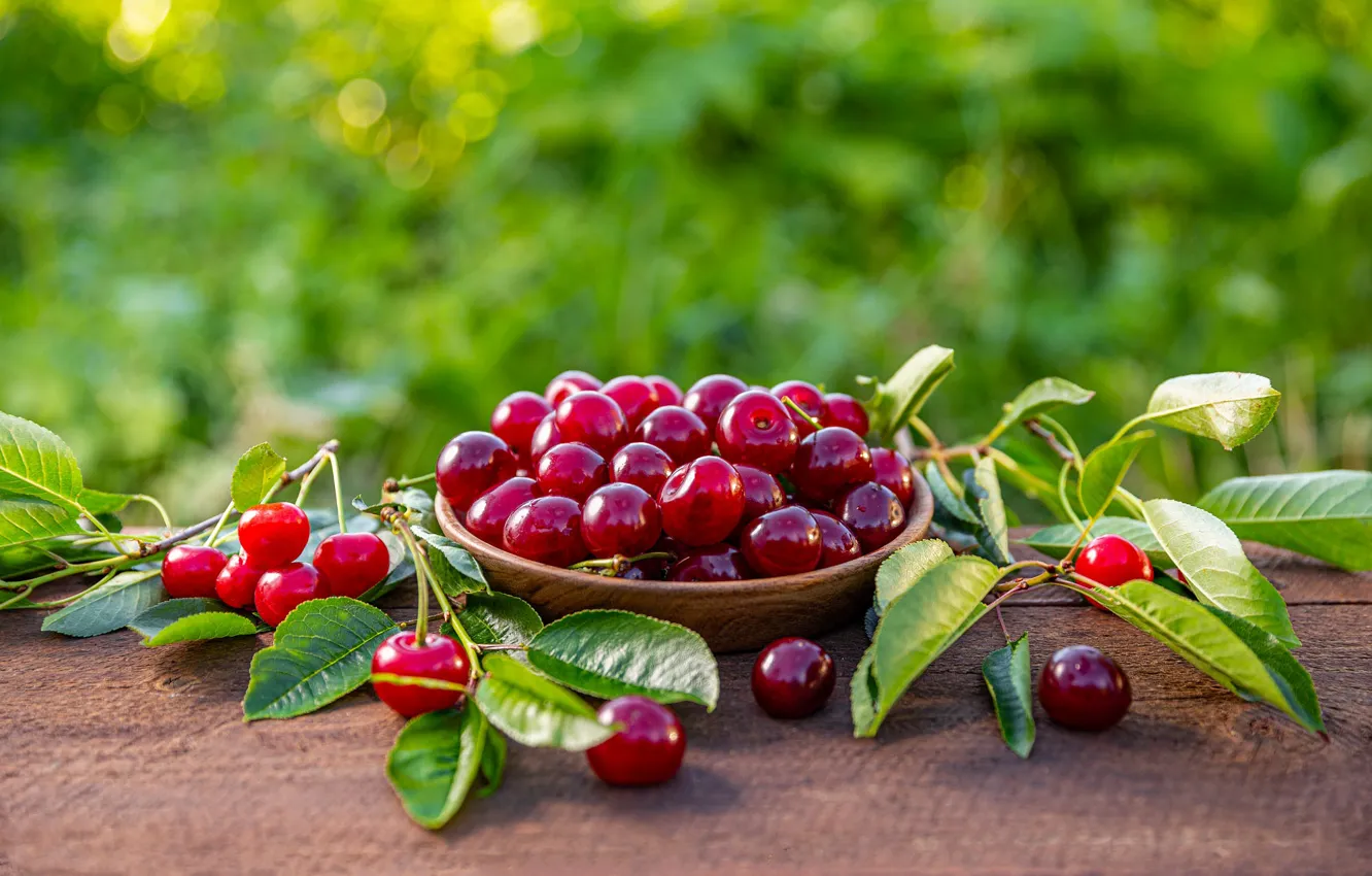 Photo wallpaper leaves, cherry, berries, table, bowl, cherry