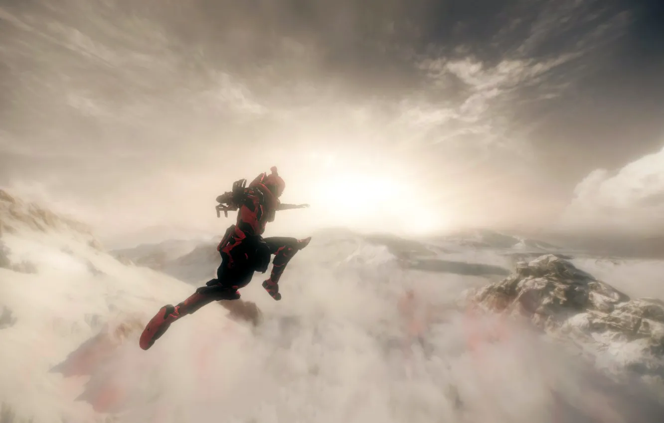 Photo wallpaper the sky, clouds, flight, mountains, the game, warrior, art, the exoskeleton