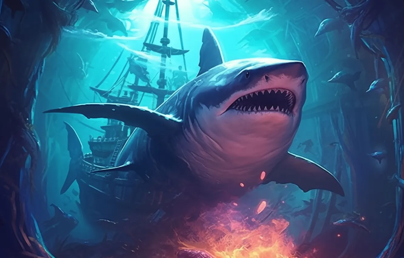 Photo wallpaper ship, predator, shark, underwater world, digital art, AI art, The Art of Artificial Intelligence, neural …