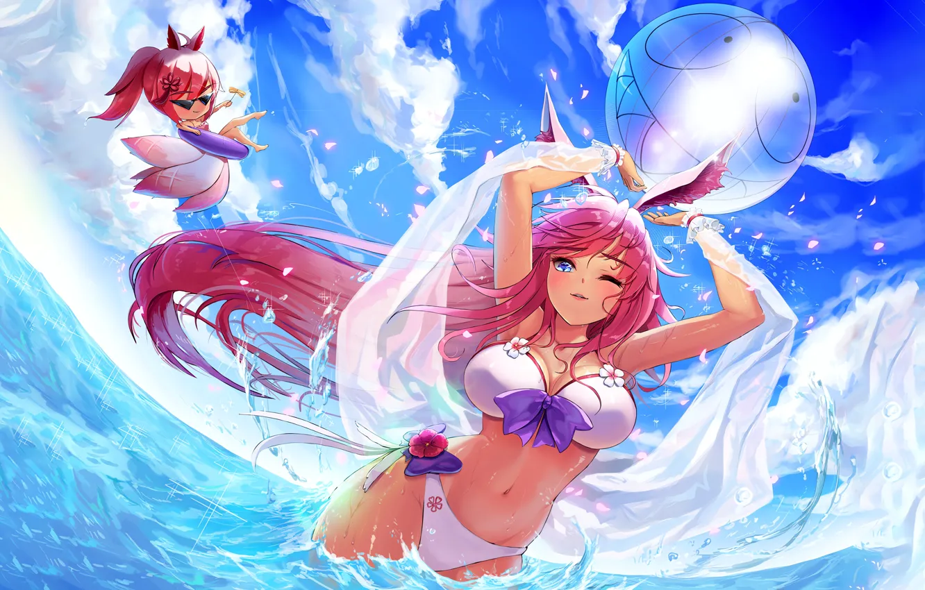 Photo wallpaper girl, sexy, cleavage, beach, flower, pink hair, long hair, sea