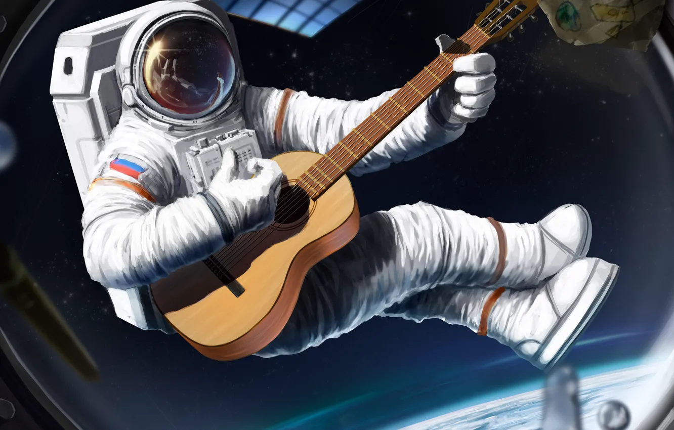 Photo wallpaper space, ship, guitar, astronaut, the suit, art, the window, helmet