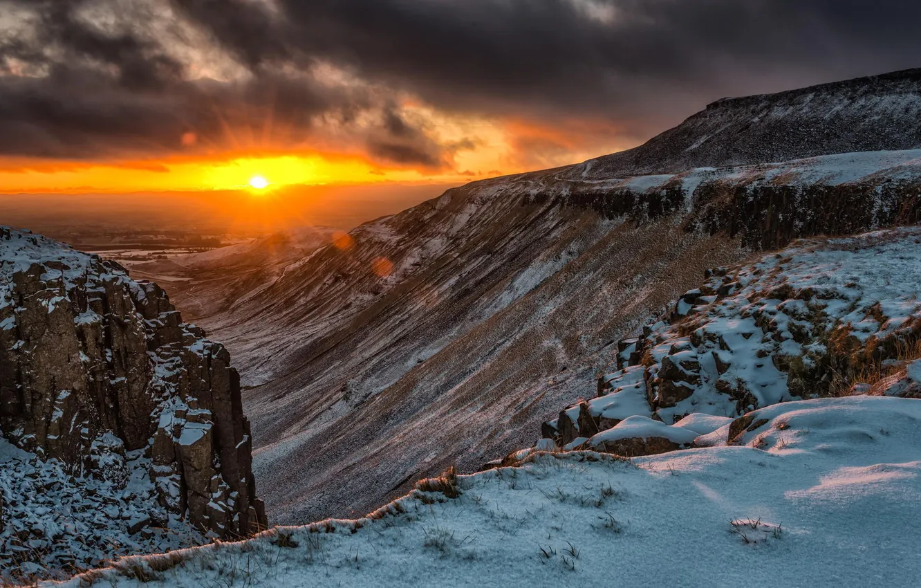 Photo wallpaper the sun, clouds, snow, sunset, mountains
