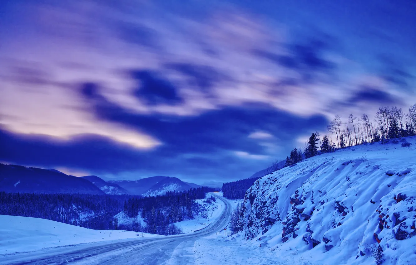 Photo wallpaper winter, road, the sky, clouds, snow, mountains, the evening, glow