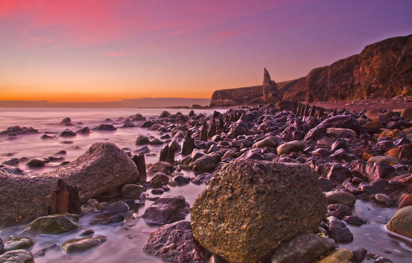 Photo wallpaper beach, stones, the ocean, dawn, shore