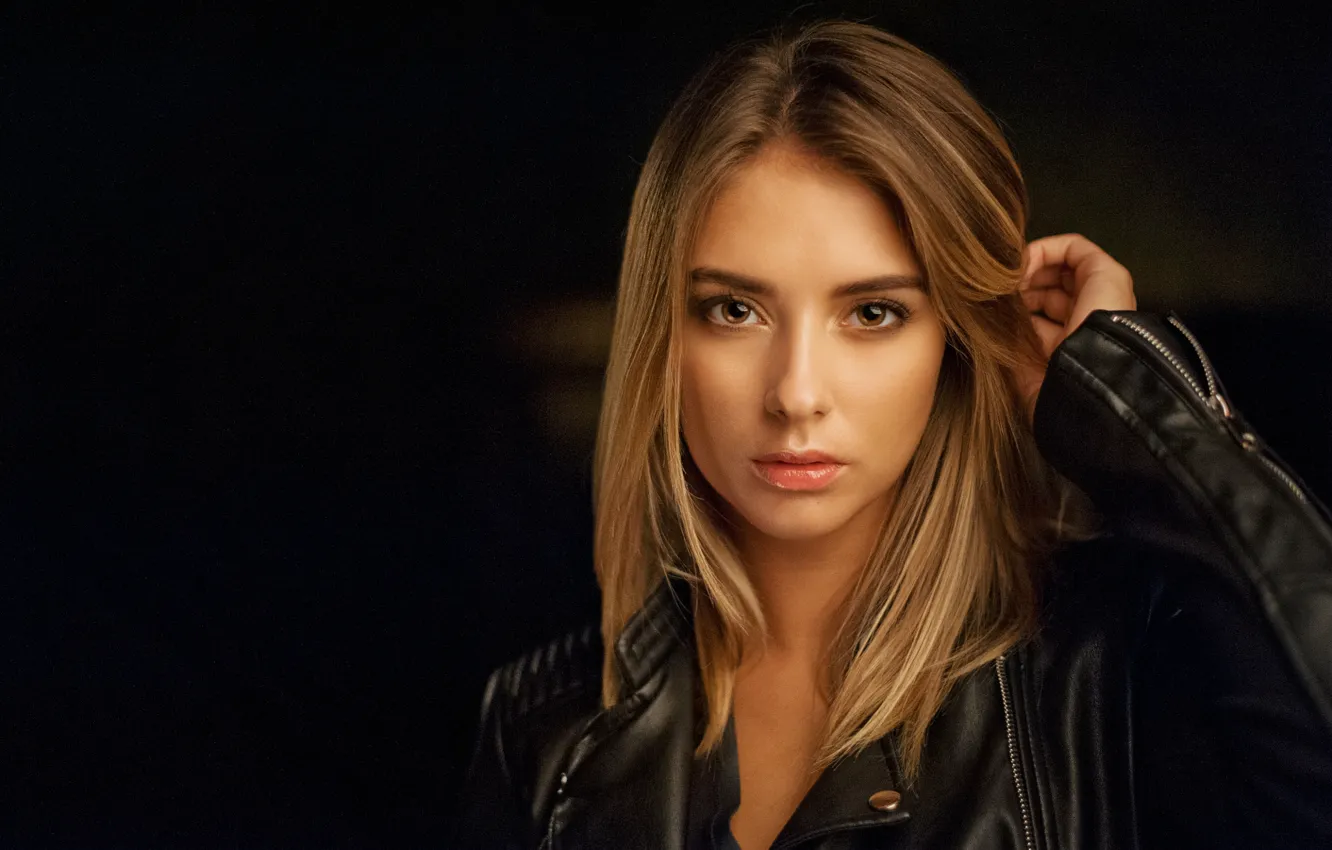Photo wallpaper look, girl, background, model, portrait, jacket, dark, blonde