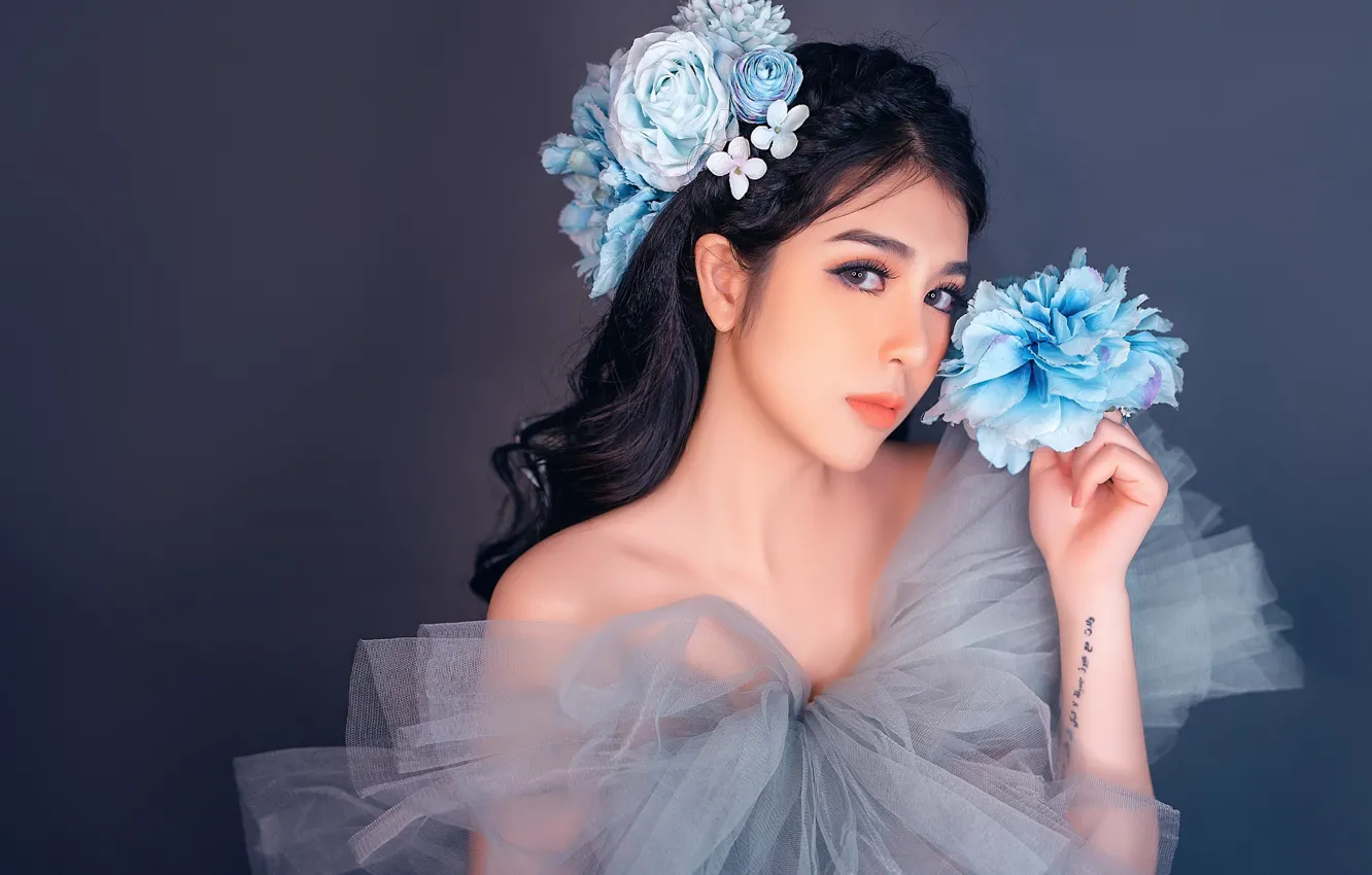 Photo wallpaper look, girl, flowers, Asian