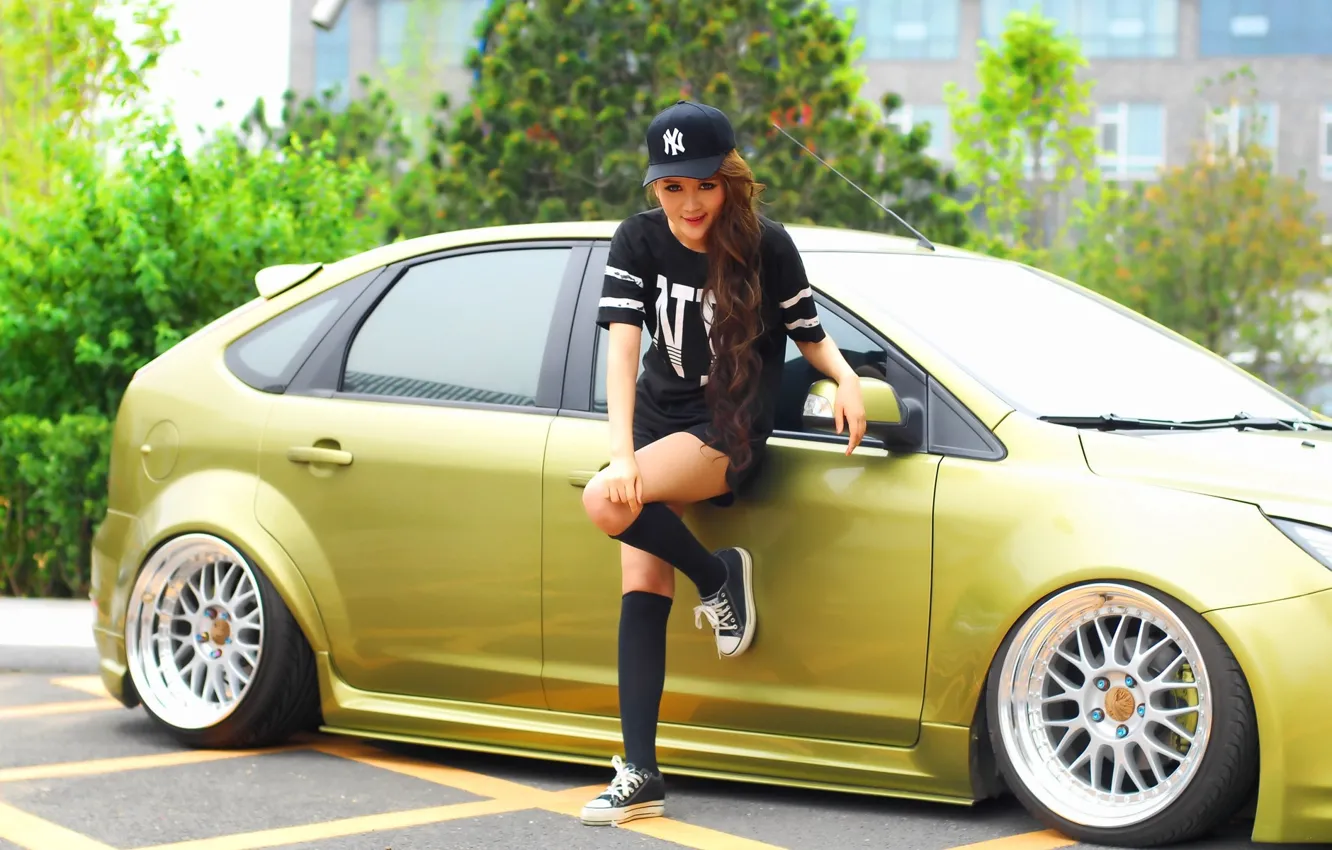 Photo wallpaper auto, look, girl, Ford, Asian, beautiful girl, posing on the car