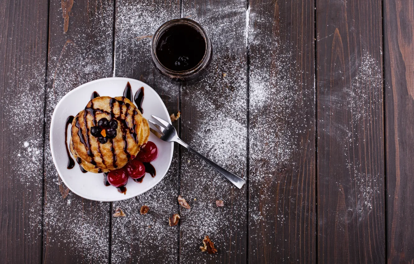 Photo wallpaper food, Breakfast, wood, jam, pancakes