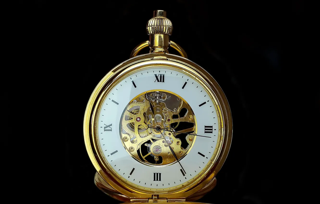 Photo wallpaper time, mechanism, black background, time, black background, movement, pocket watch, pocket watch