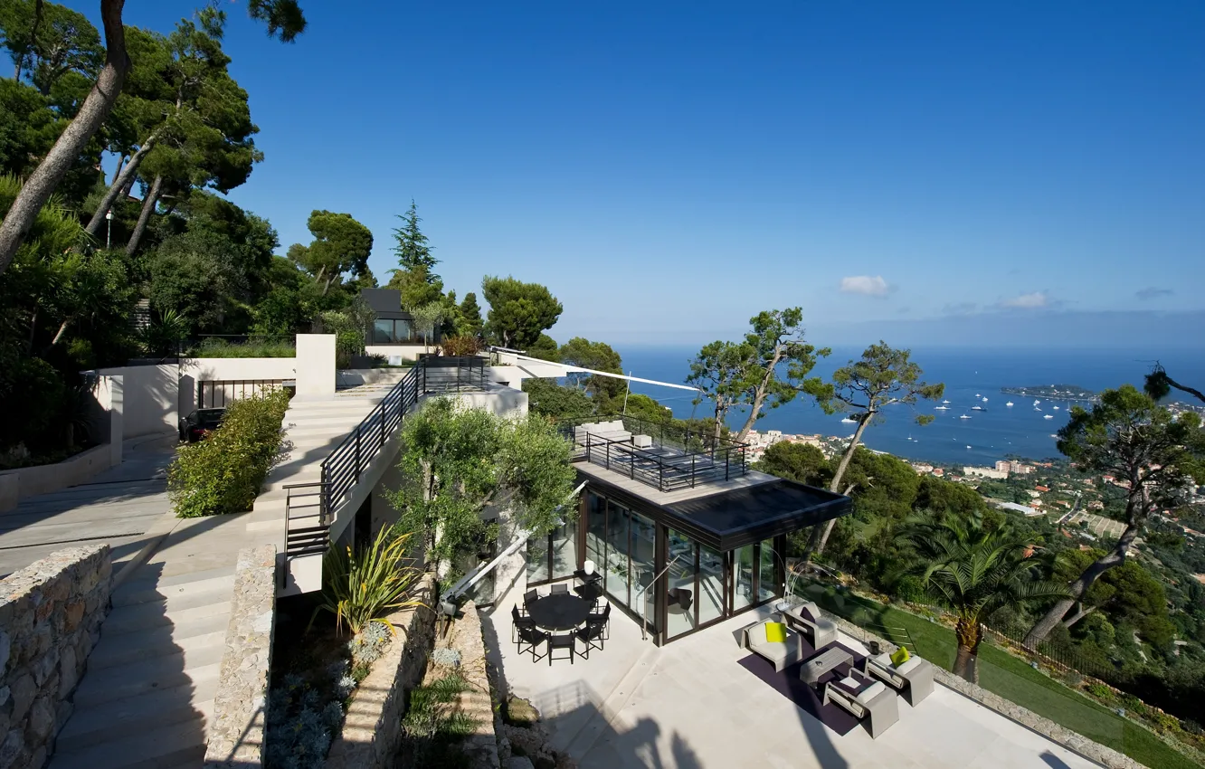 Photo wallpaper sea, the city, Villa, view, yacht, horizon, Bay, terrace