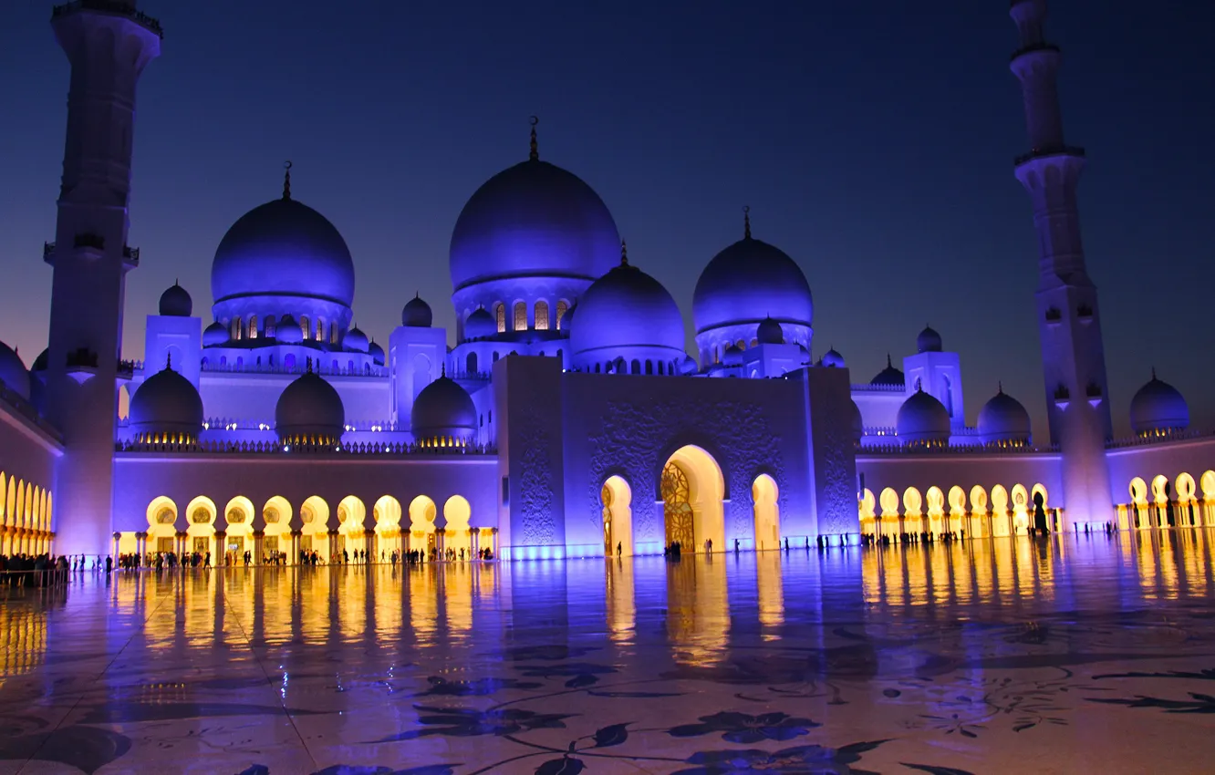 Photo wallpaper the city, the evening, lighting, mosque, architecture, religion, UAE, dome