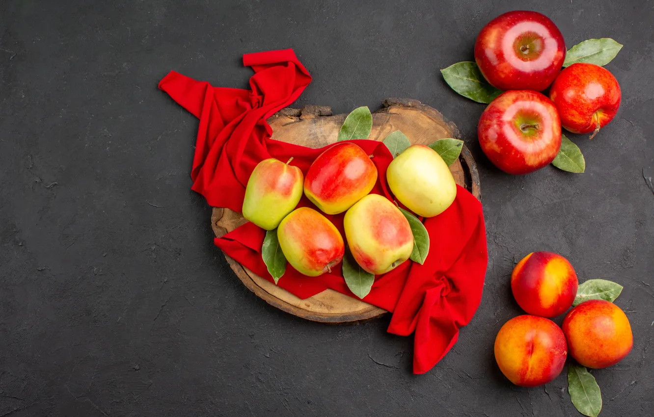 Photo wallpaper leaves, yellow, red, table, apples, towel, fabric, fruit
