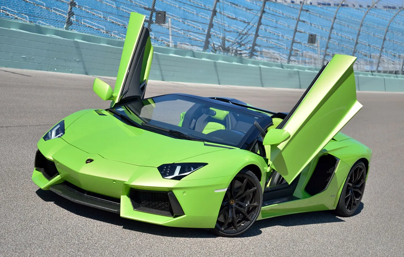 Photo wallpaper green, Roadster, Lamborghini, track, LP700-4, Aventador, door