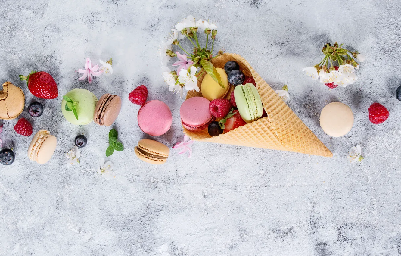 Photo wallpaper flowers, Natasha Breen, berries, macaron, waffle cone