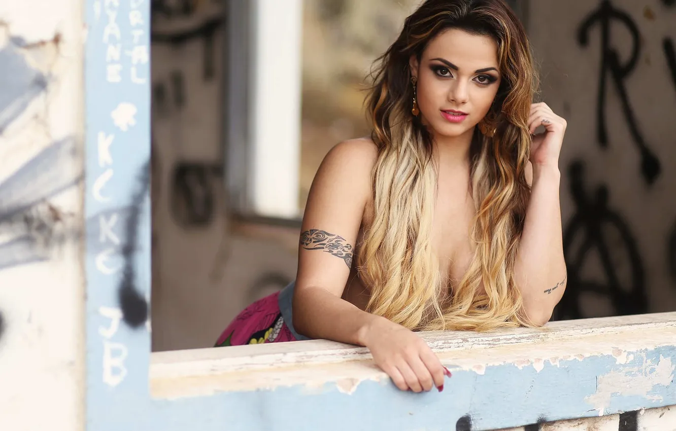 Photo wallpaper look, pose, model, tattoo, the fence, beauty, model, beauty