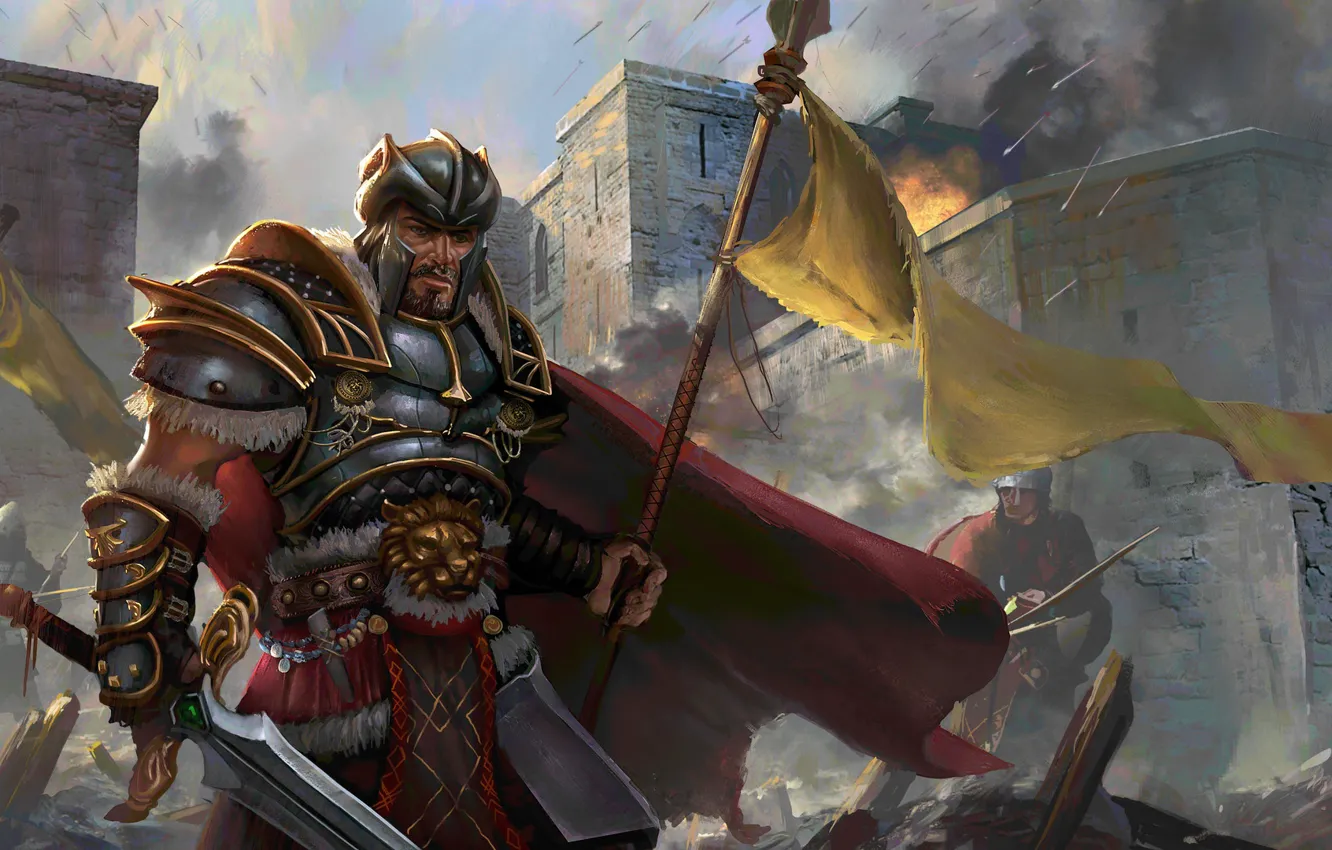 Photo wallpaper warrior, fortress, arrows, commander, monarch