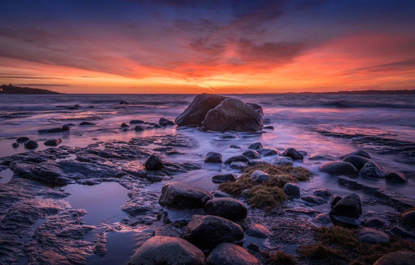Photo wallpaper sea, sunset, stones, coast