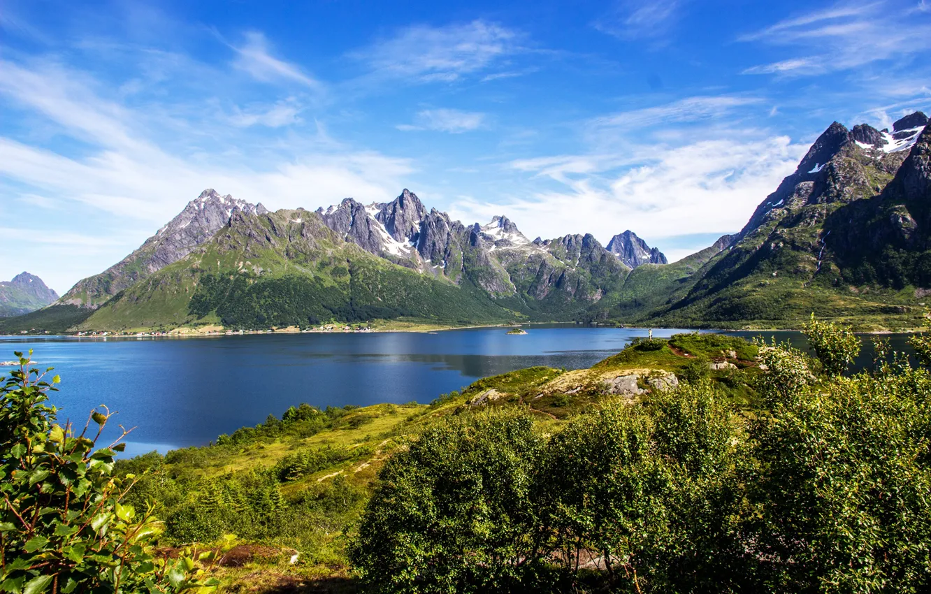 Photo wallpaper greens, the sky, the sun, mountains, rocks, Norway, Bay, the bushes