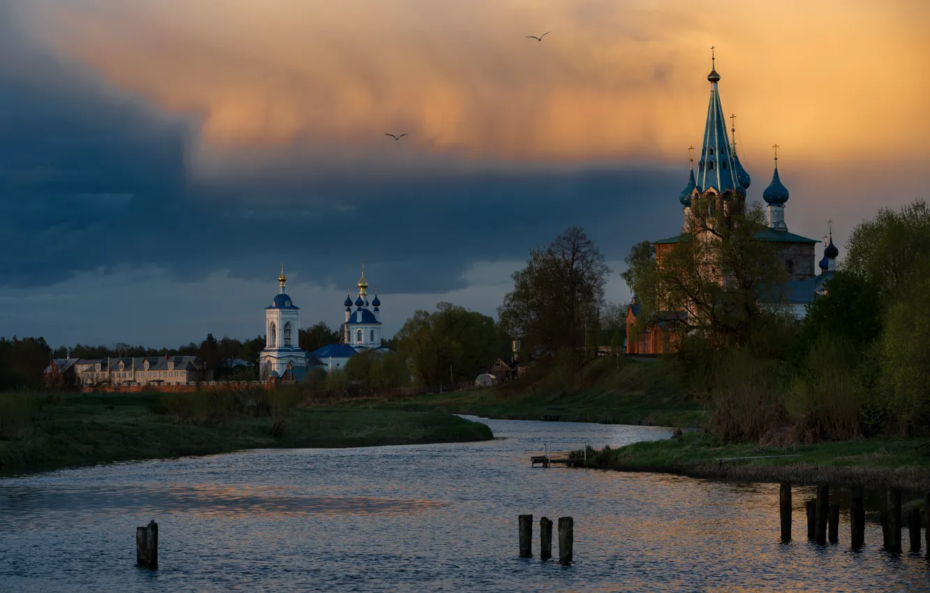 Photo wallpaper landscape, nature, village, Church, temple, river, Dunilovo
