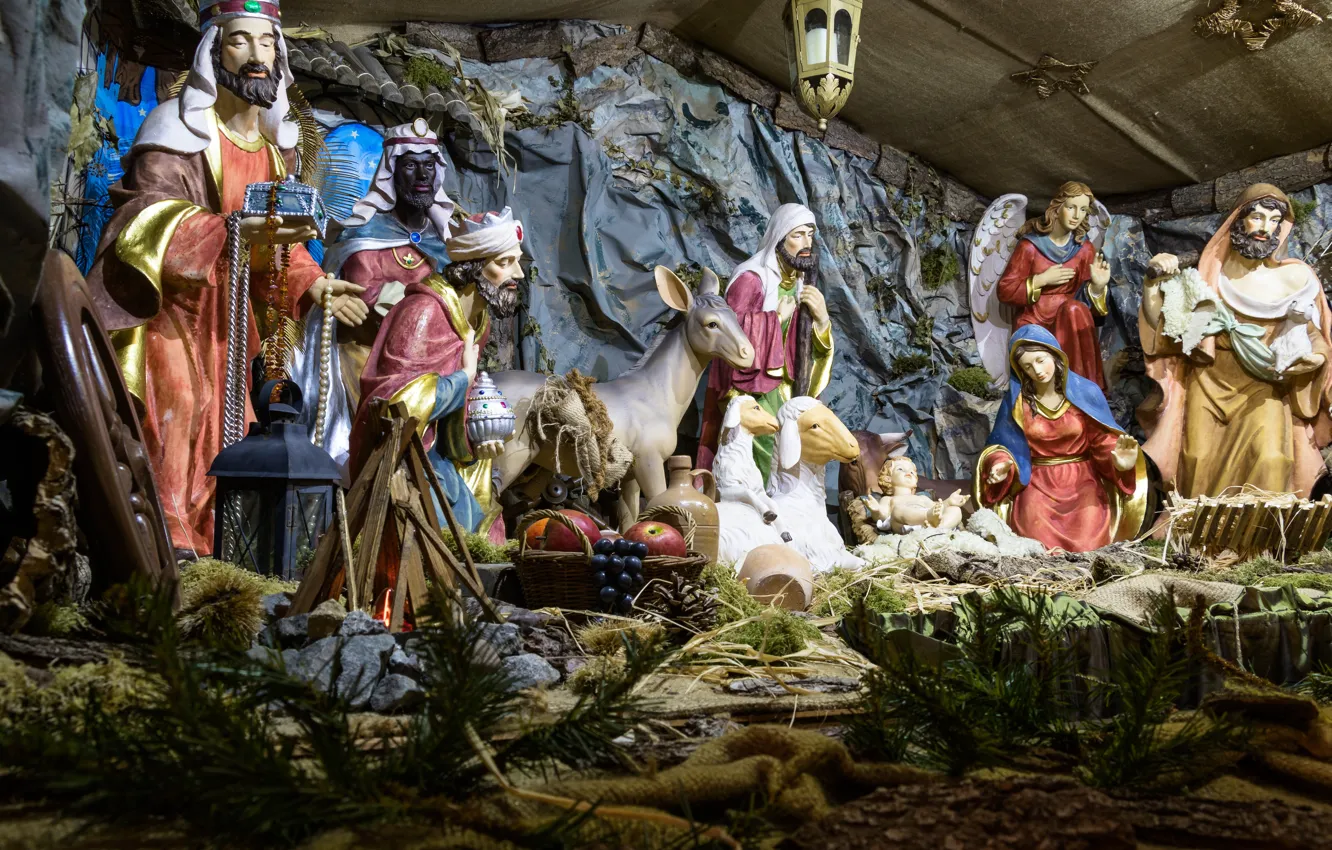 Photo wallpaper Christmas, birth, religion, Christ, Jesus, cot