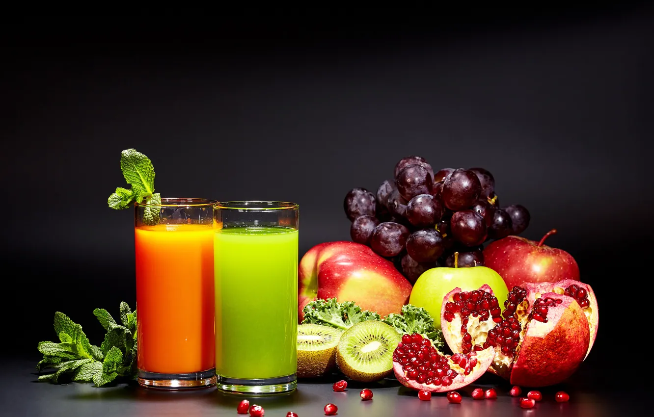 Photo wallpaper greens, orange, apples, kiwi, juice, grapes, green, glasses