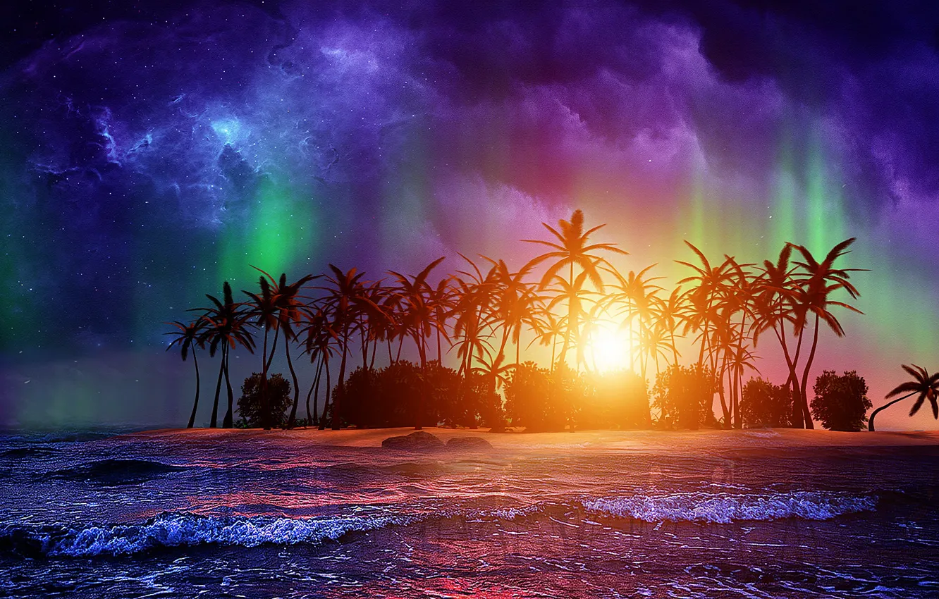 Photo wallpaper colorful, Aurora, sky, trees, digital, sea, ocean, nature