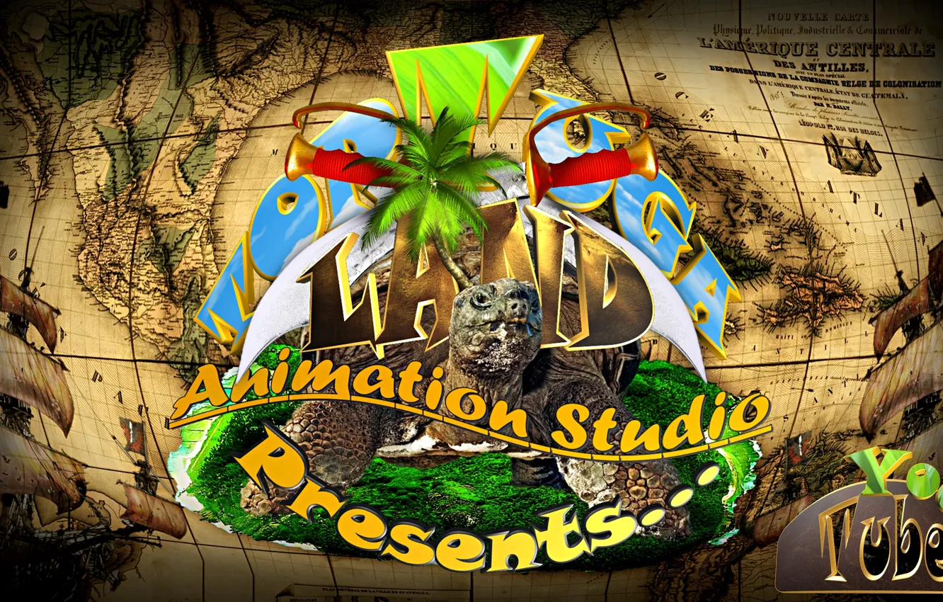 Photo wallpaper sea, palm trees, island, turtle, map, sailboat, pirate, saber