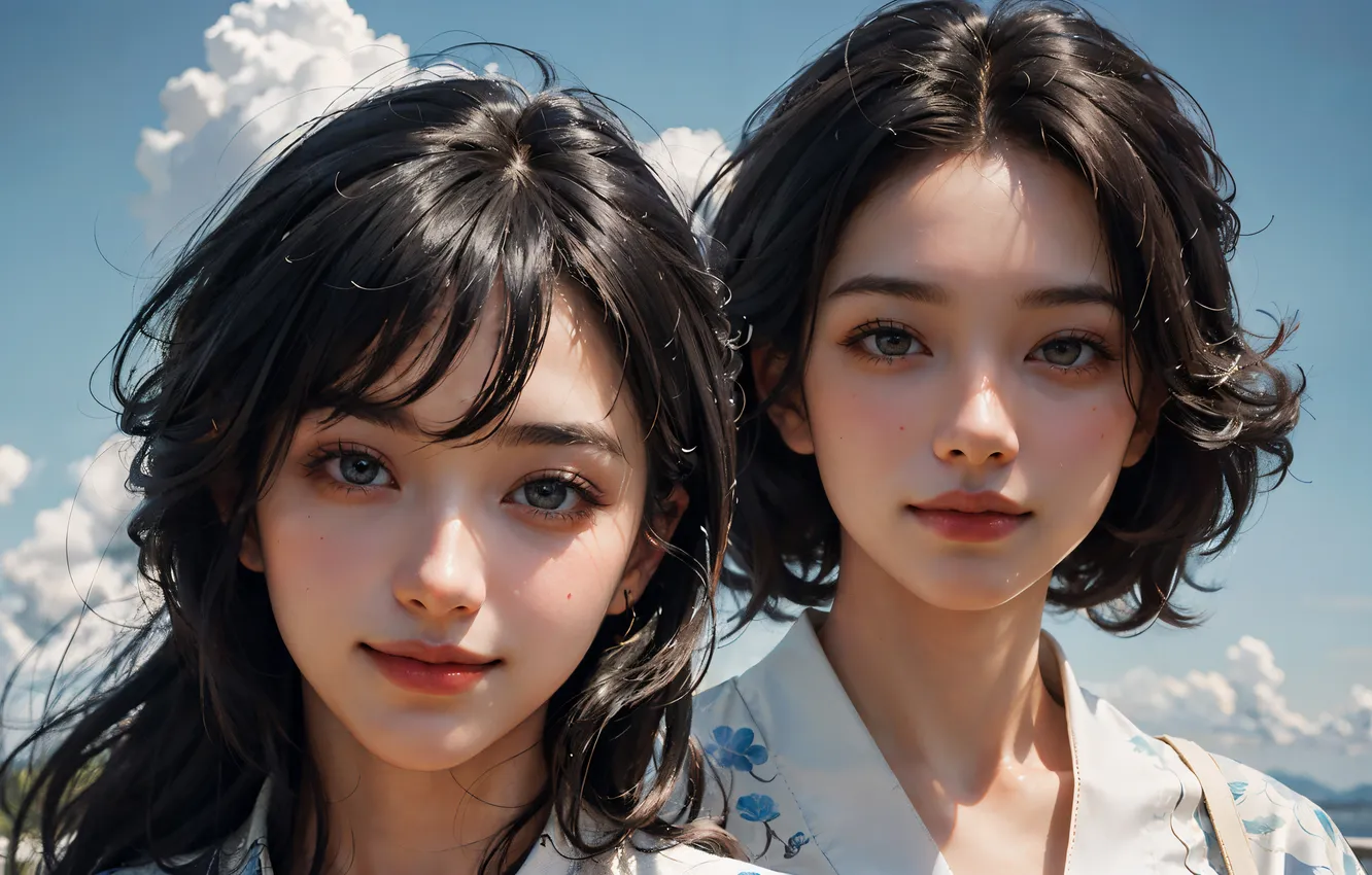 Photo wallpaper sky, clouds, women, asian, dark hair, looking at viewer, AI Art