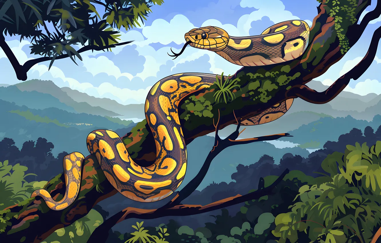 Photo wallpaper language, look, trees, mountains, animal, snake, jungle, art