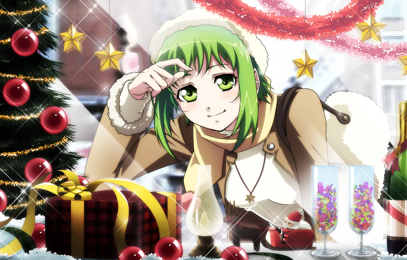 Photo wallpaper holiday, anime, art, girl, tree, Vocaloid, new year, Gumi