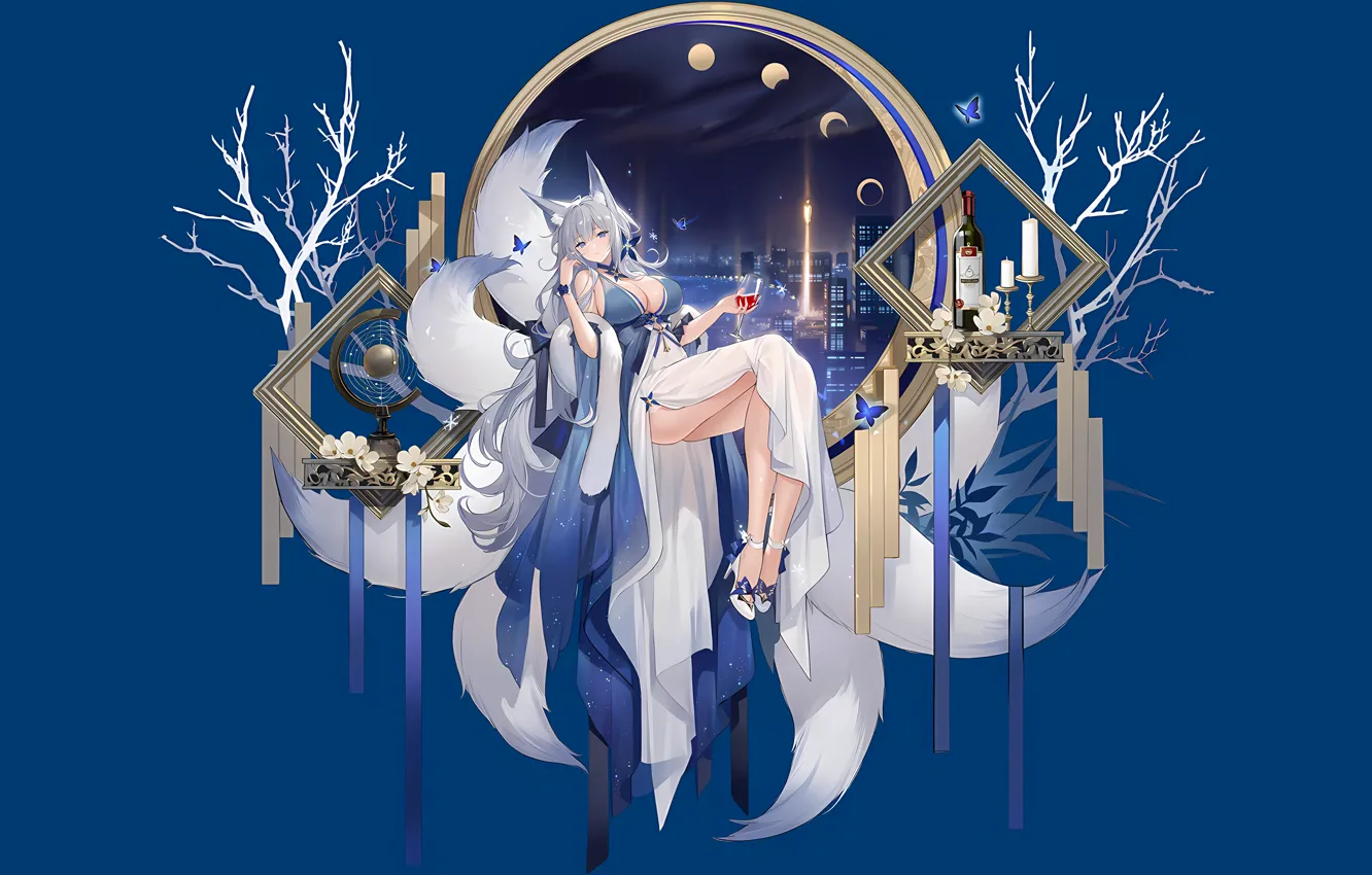 Photo wallpaper girl, sexy, cleavage, long hair, dress, legs, boobs, animal ears