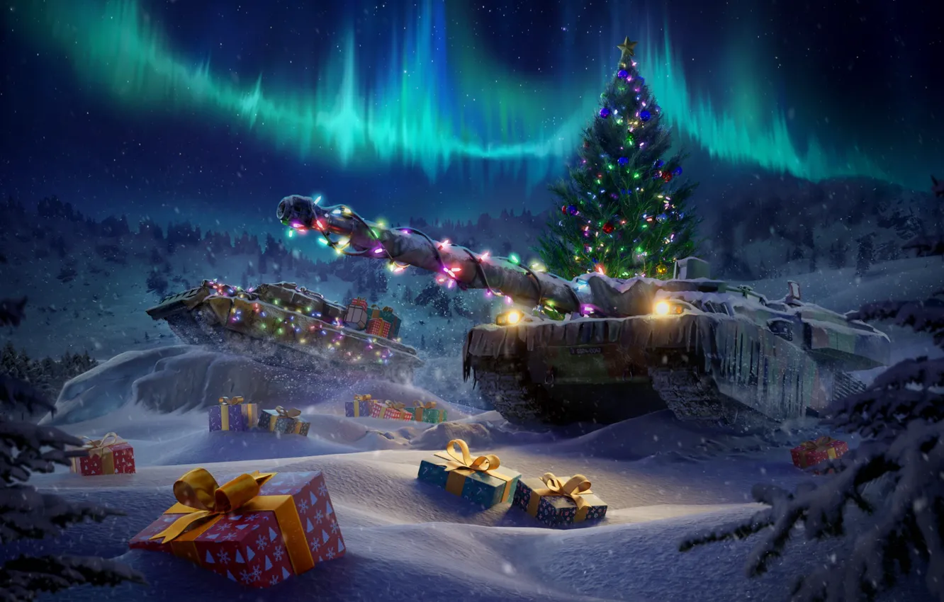Photo wallpaper winter, forest, snow, gift, new year, Northern lights, salute, Christmas