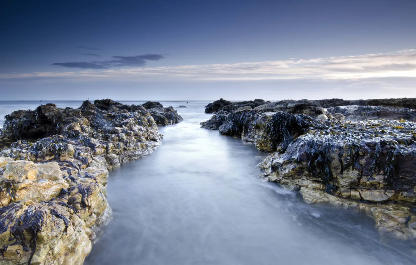 Photo wallpaper the sky, clouds, the ocean, rocks, morning