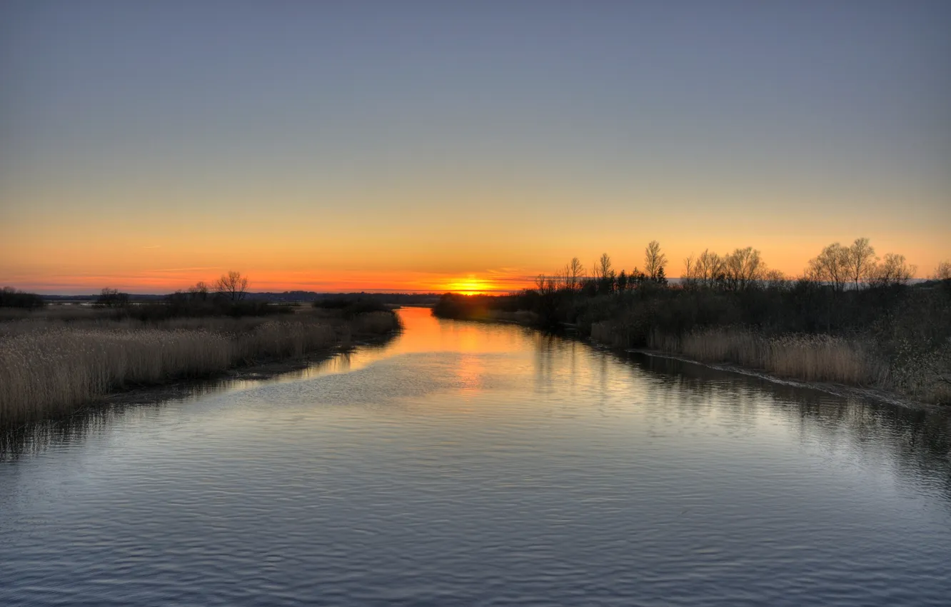 Photo wallpaper sunset, river, grey, the evening