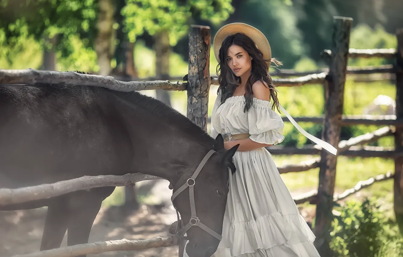 Photo wallpaper summer, look, girl, pose, horse, hat, dress, Anastasia Barmina