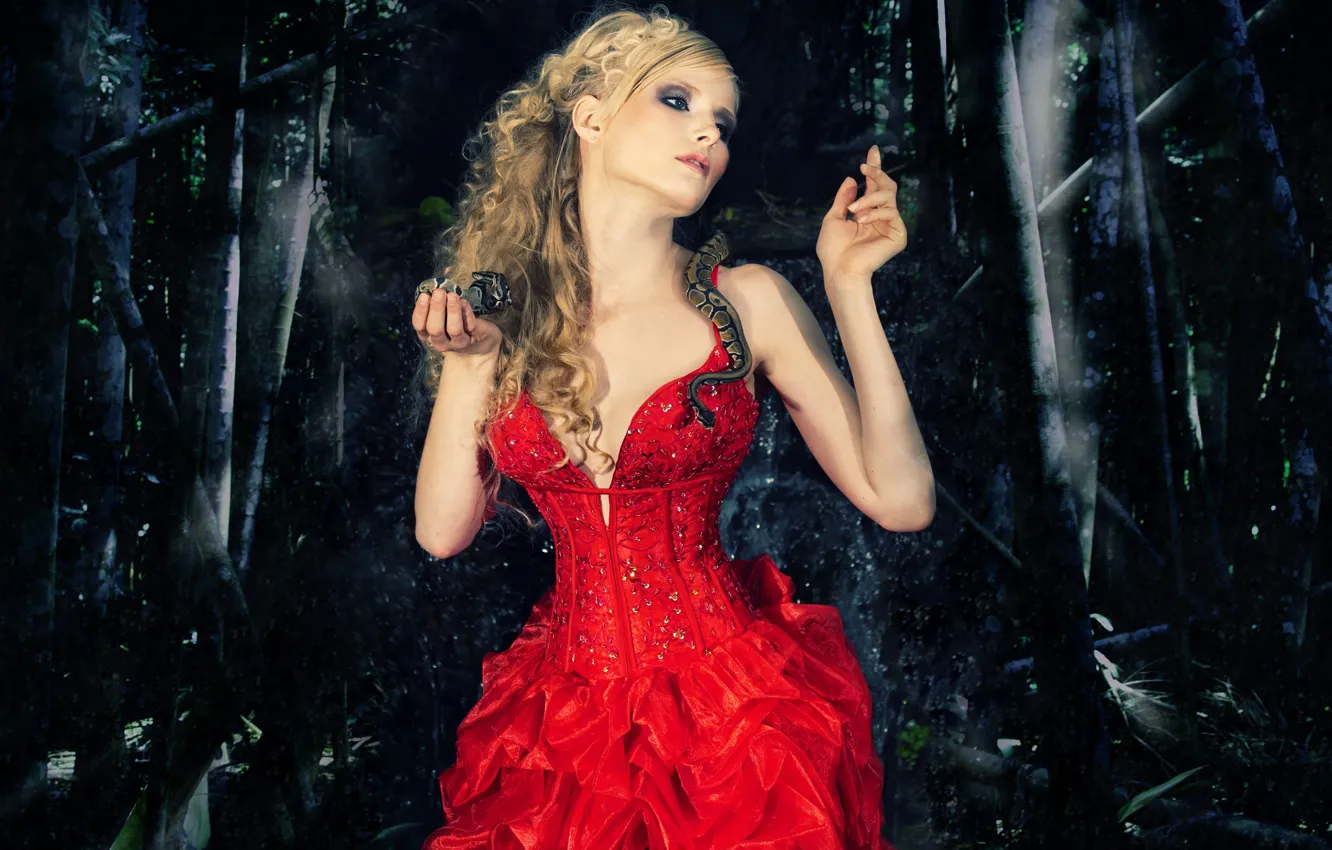 Photo wallpaper Dark, Snake, Blonde, Forest, Red Dress