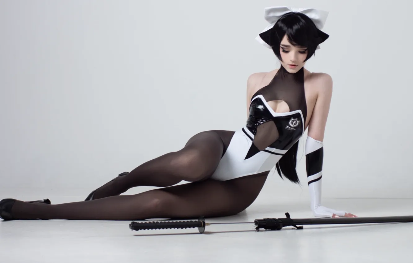 Photo wallpaper katana, brunette, tights, bow, light background, jumpsuit, beautiful girl, cosplay
