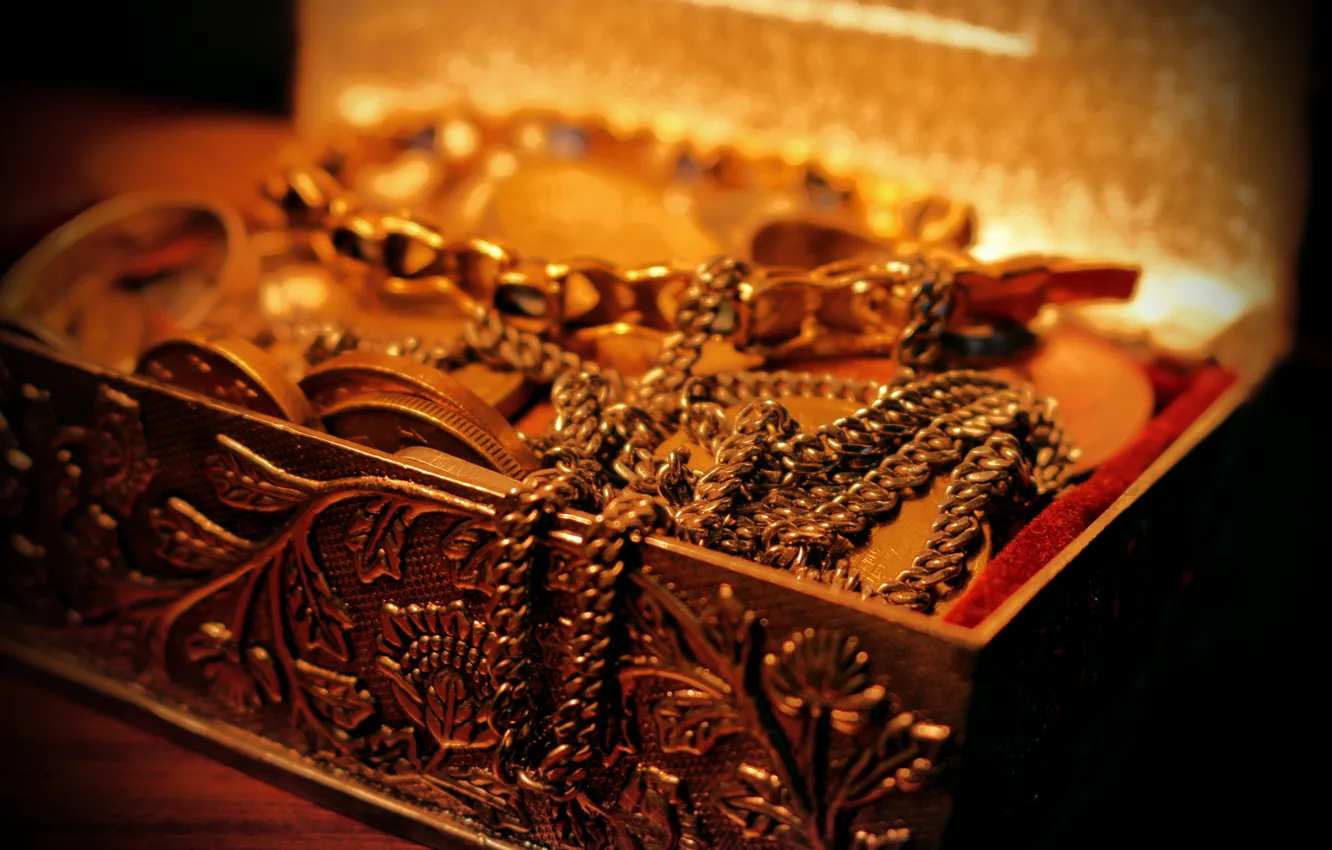 Photo wallpaper gold, money, ring, chain, gold, treasures, wealth, money