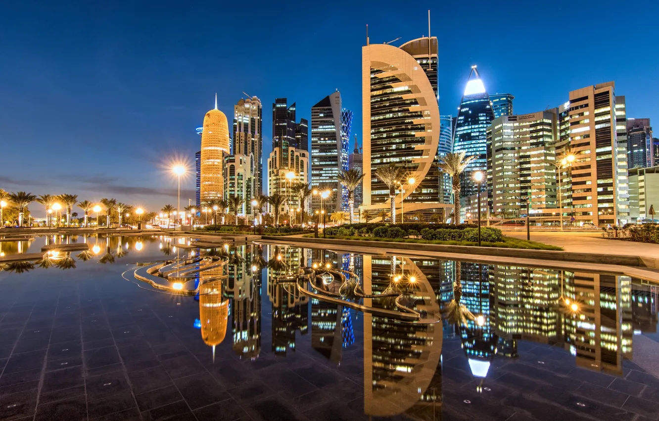 Photo wallpaper reflection, building, skyscrapers, night city, Qatar, Doha, Doha, Qatar