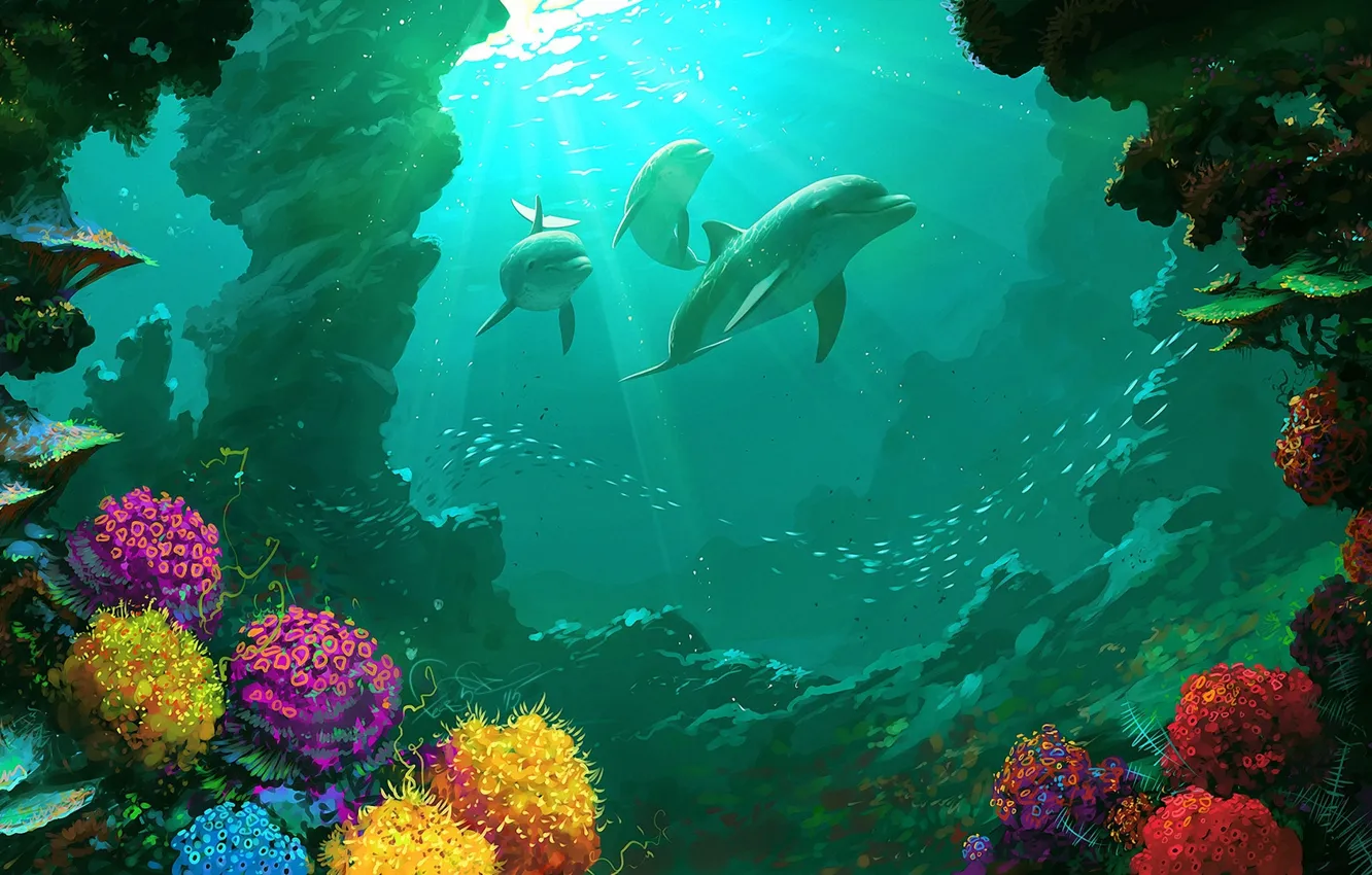 Photo wallpaper sea, water, landscape, beauty, fish, corals, art, dolphin