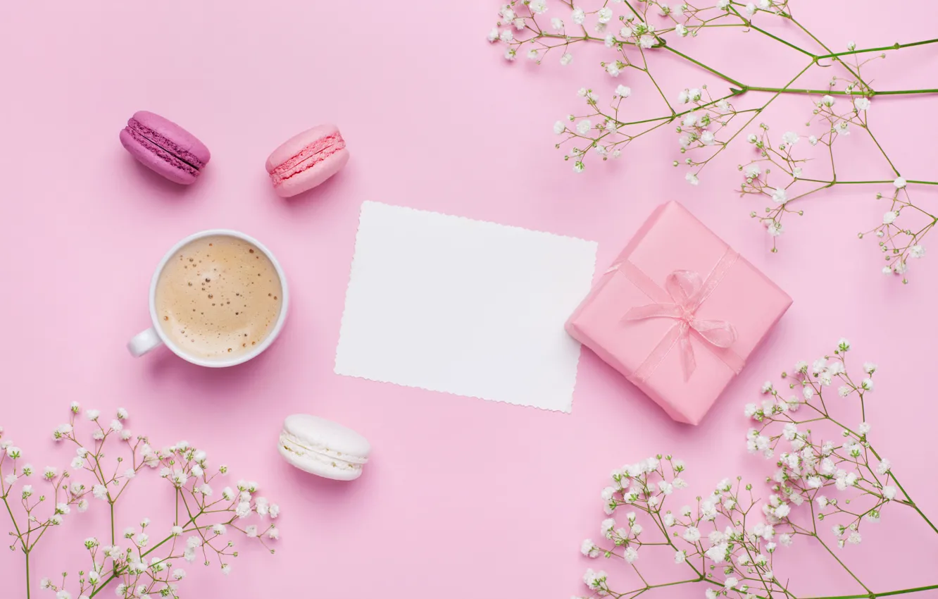 Photo wallpaper flowers, coffee, food, drink, cake, pink, coffe, macaron