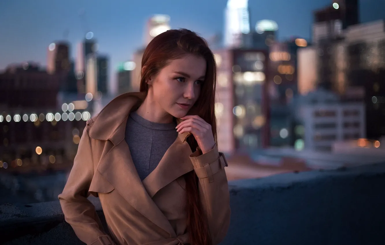 Photo wallpaper city, girl, photo, blue eyes, model, bokeh, brunette, portrait