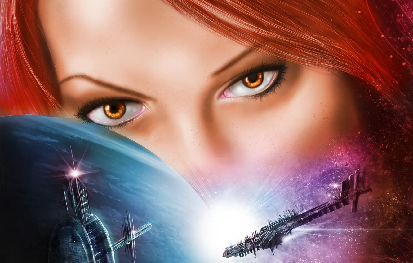 Photo wallpaper eyes, look, girl, space, face, fiction, planet, art