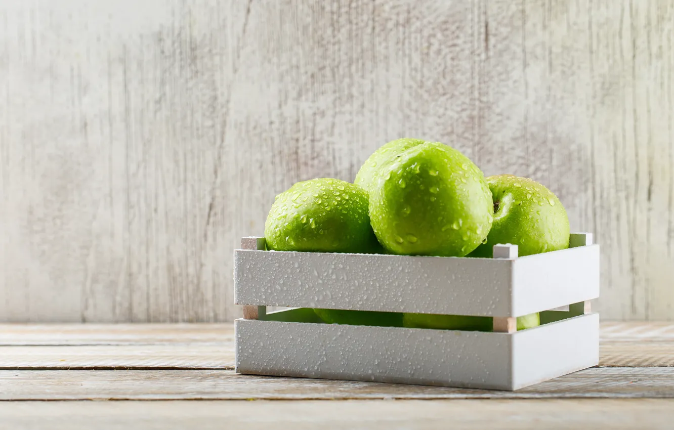 Photo wallpaper drops, green, apples, box
