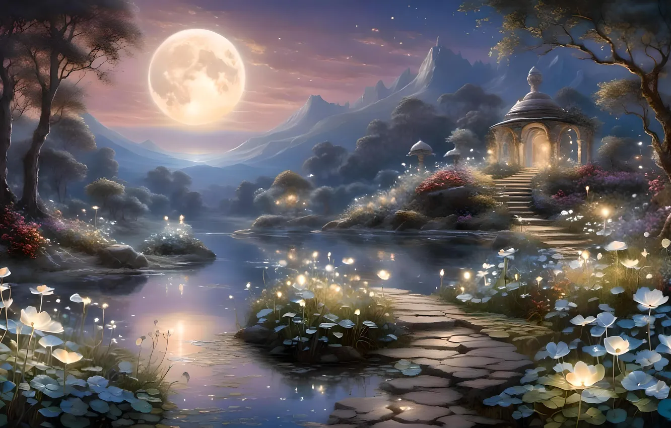 Photo wallpaper flowers, night, the moon, rotunda, pond, AI art, neural network