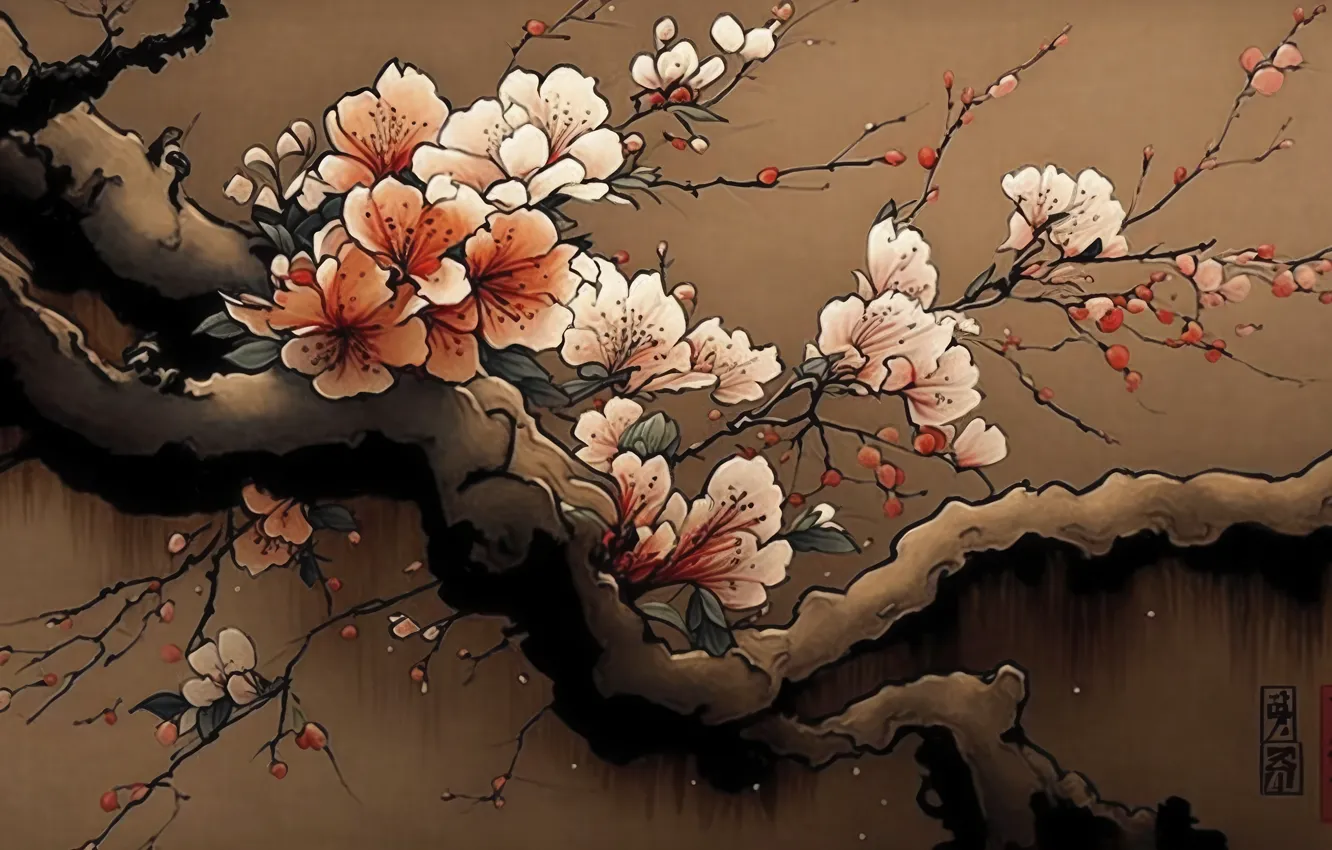 Photo wallpaper flowers, branches, nature, spring, Sakura, characters, painting, flowering