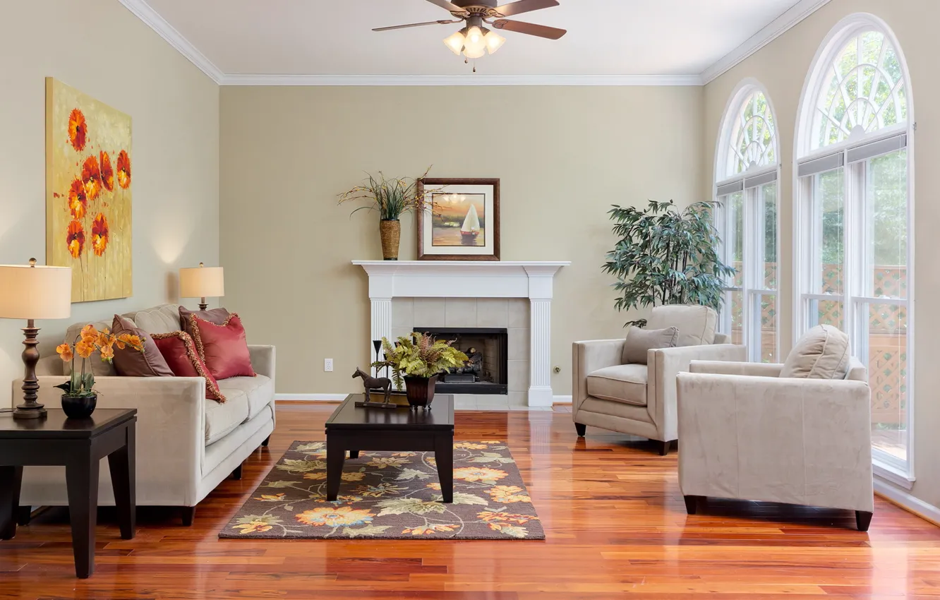 Photo wallpaper design, room, sofa, interior, chair, the ceiling, fireplace, living room